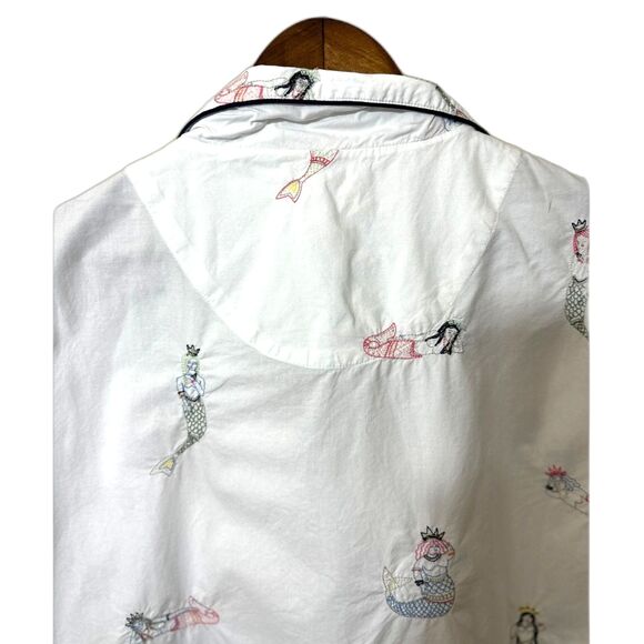 PRINTFRESH White 100% Cotton Mermaid Embroidered Short Sleeve Pajama Top Size L - Picture 7 of 11